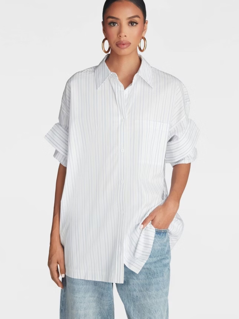 KBB Oversized Women's White Pinstripe Button-Down Shirt XL